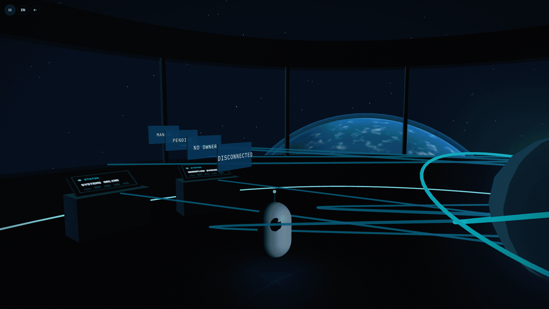 3D World: a three-dimensional control room with Earth in the window