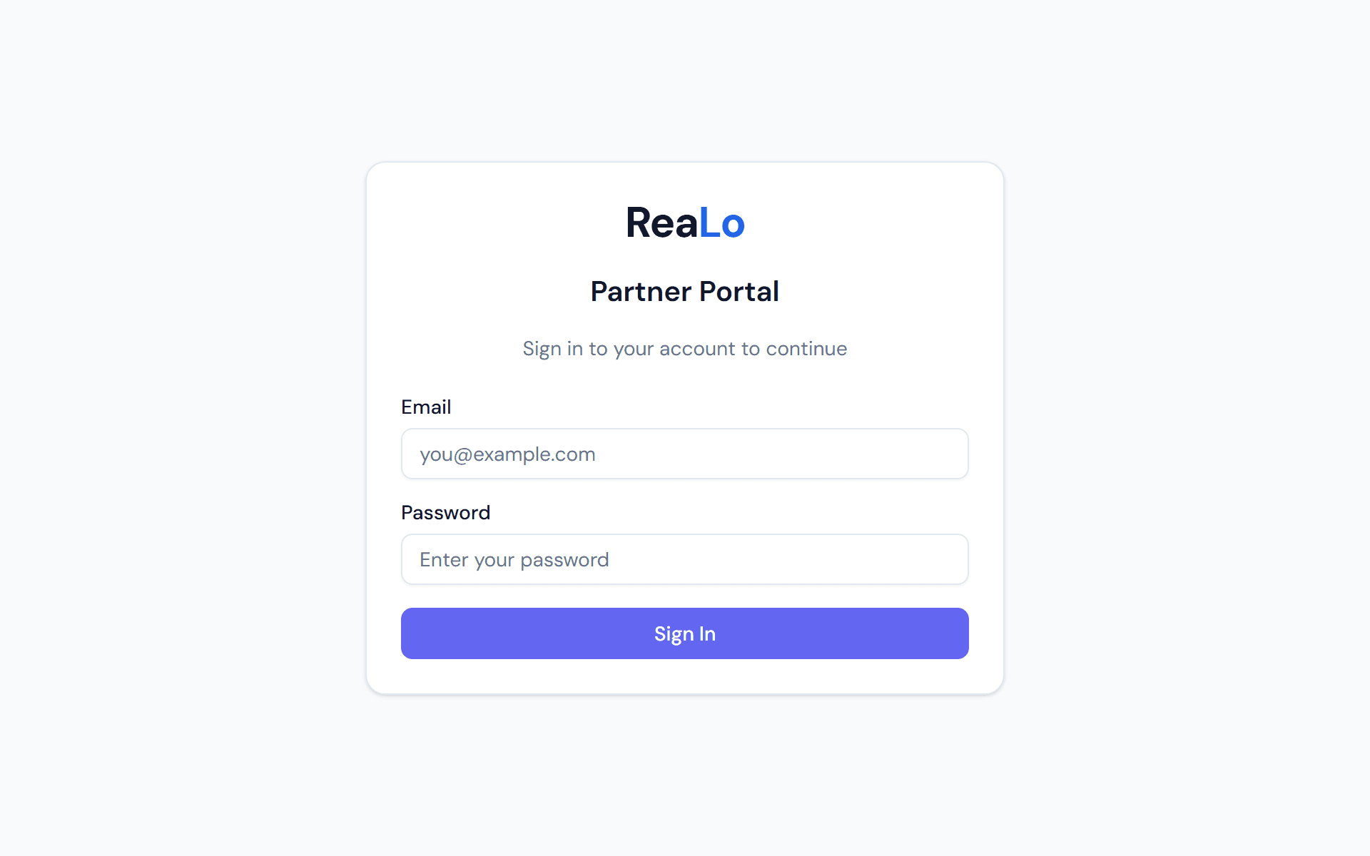 The ReaLo Partner Portal sign-in page: email, password and a sign-in button